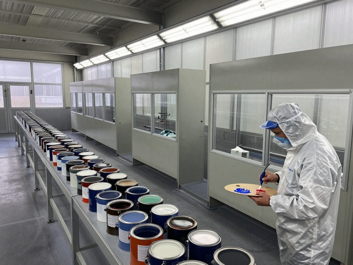 Techniker mischt Acrylfarbe in einem deutschen Lackierbetrieb mit großen Fenstern und moderner Ausrüstung