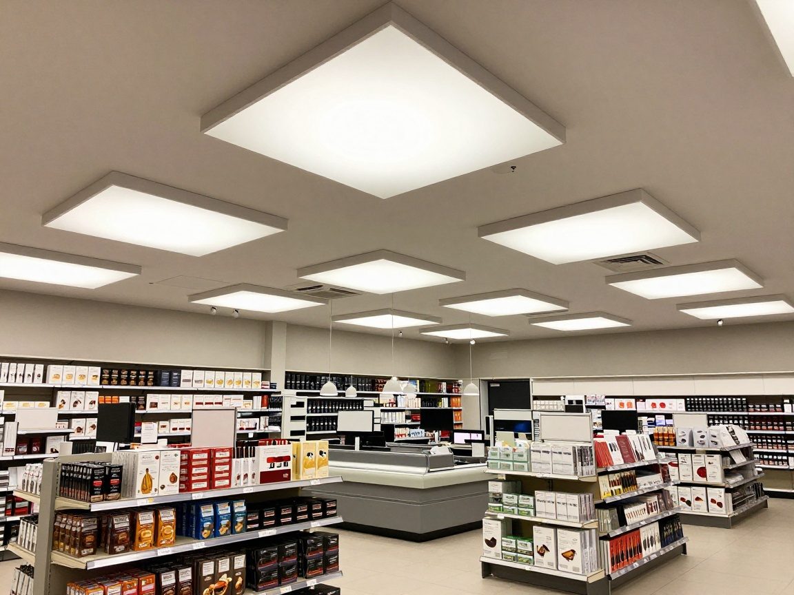 Ladenbau: Professionelle Beleuchtungsplanung Weitwinkelaufnahme eines modernen deutschen Einzelhandelsgeschäfts mit integrierter LED-Beleuchtung, Einbauspots und Pendelleuchten über der Kasse