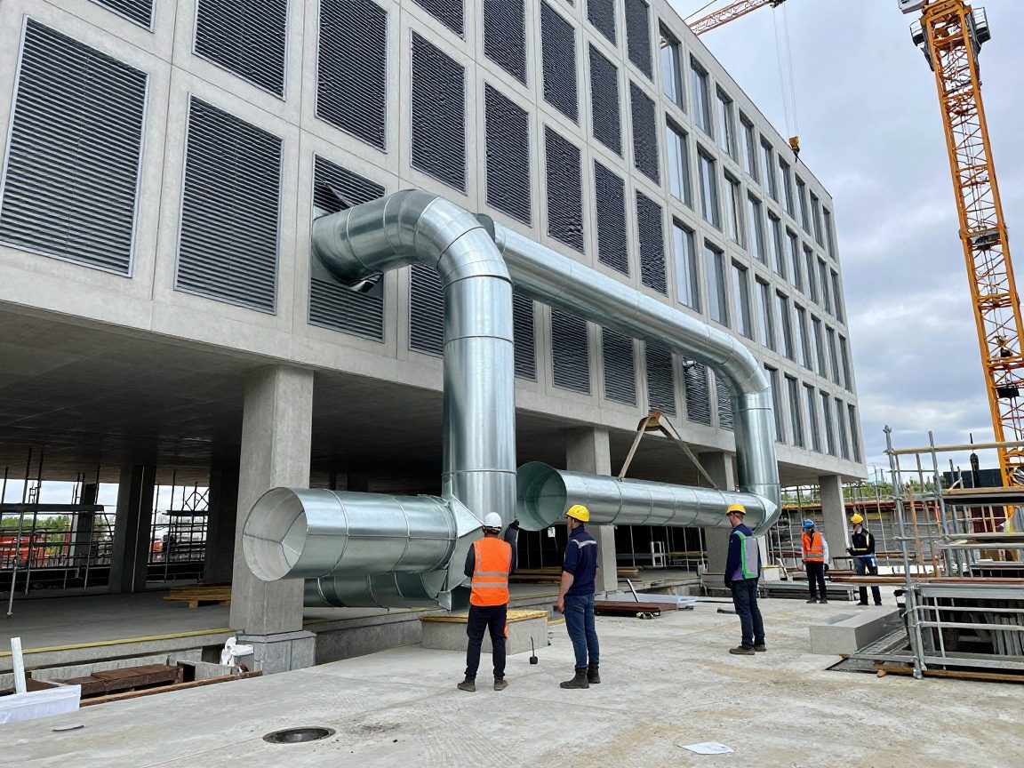 Lüftungsbau: Modernes Bauprojekt mit Stahlkanälen Bauarbeiter installieren verzinkte Stahlventilationsrohre und Edelstahlgitter an der Fassade eines neuen Bürogebäudes, begleitet von Gerüst, Sicherheitshelmen und einer Hebebühne