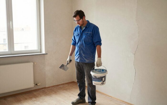 Maler in deutschem Werkstattinterior steht auf Holzboden, hält Mischbehälter und Kelle, bereitet unebene Wand mit Rissen für das Spachteln vor