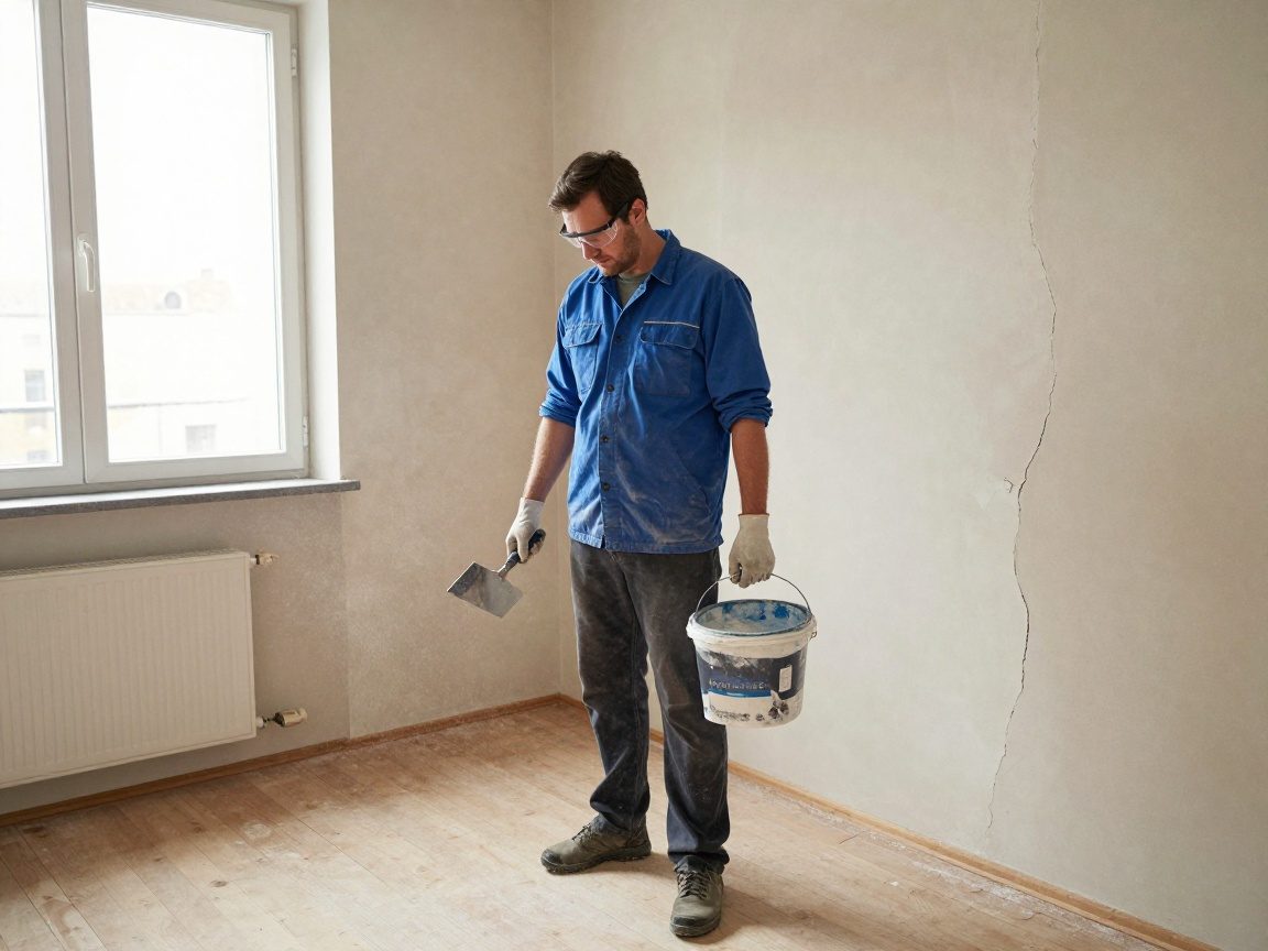 Maler in deutschem Werkstattinterior steht auf Holzboden, hält Mischbehälter und Kelle, bereitet unebene Wand mit Rissen für das Spachteln vor