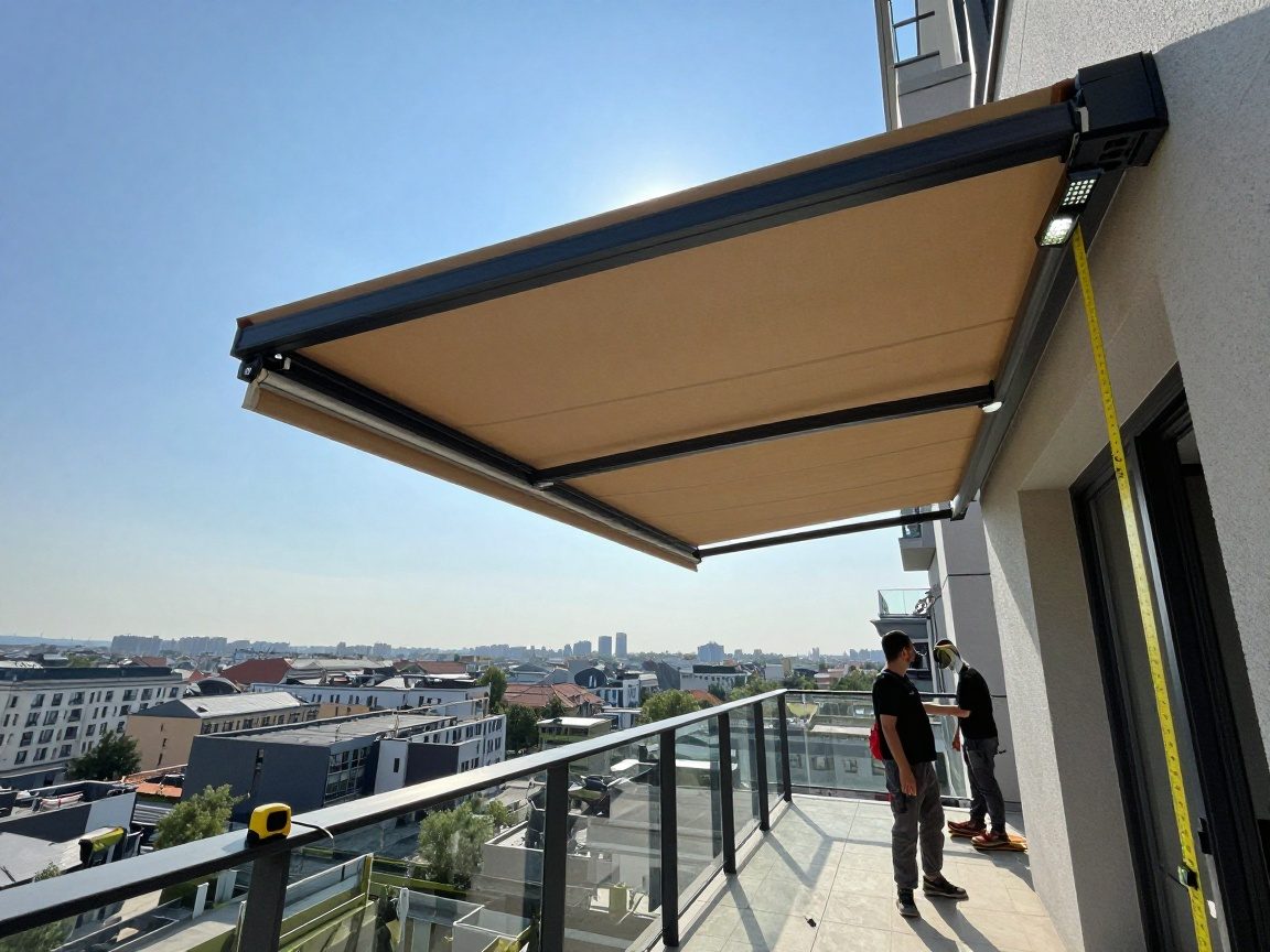 Markisenplanung: Schnell & smart – UV‑Schutz + LED in 30 Min. Modernes deutsches Terrassenbild mit teilweise montierter Markise, Laserlevel und LED-Panel auf Balkonbrüstung