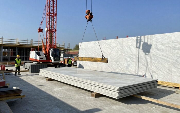 Hydraulische Kräne heben große Marmorplatten auf eine Betonfundament, Arbeiter in Helmen und reflektierenden Westen arbeiten unter klarem blauen Himmel.