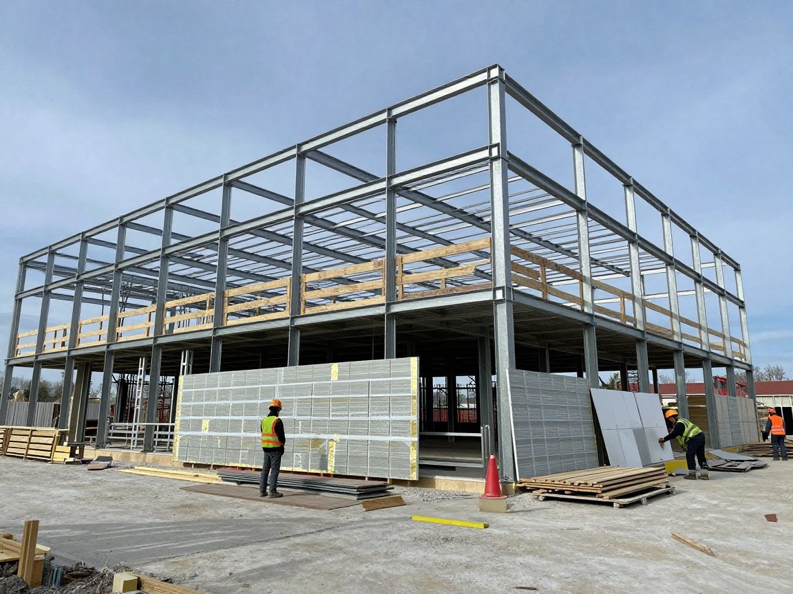 Materialauszug WKSB: 15 % sparen & präzise Kalkulation Moderne Baustelle mit Stahlrahmen und teilweise fertiggestellter Fassade, Arbeiter in Schutzkleidung messen Dämmplatten und feuerfeste Platten
