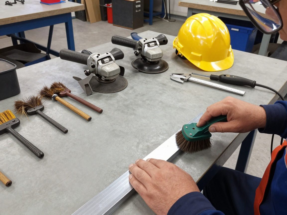 Nahtvorbereitung beim Schweißen – 30 Minuten für 20 % mehr Festigkeit Schweißer bereitet Stahlkante mit Bürste vor, Werkstatt im Tageslicht, saubere Arbeitsfläche und Messwerkzeuge sichtbar