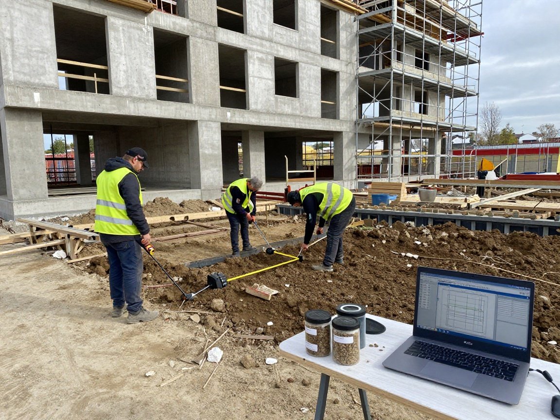Prüfung baulicher Gegebenheiten WKSB – Kosten senken Blick auf Baustelle mit offener Betonfundamentlage, Arbeiter in Sicherheitswesten prüfen Boden mit Messschieber und Probenbehältern