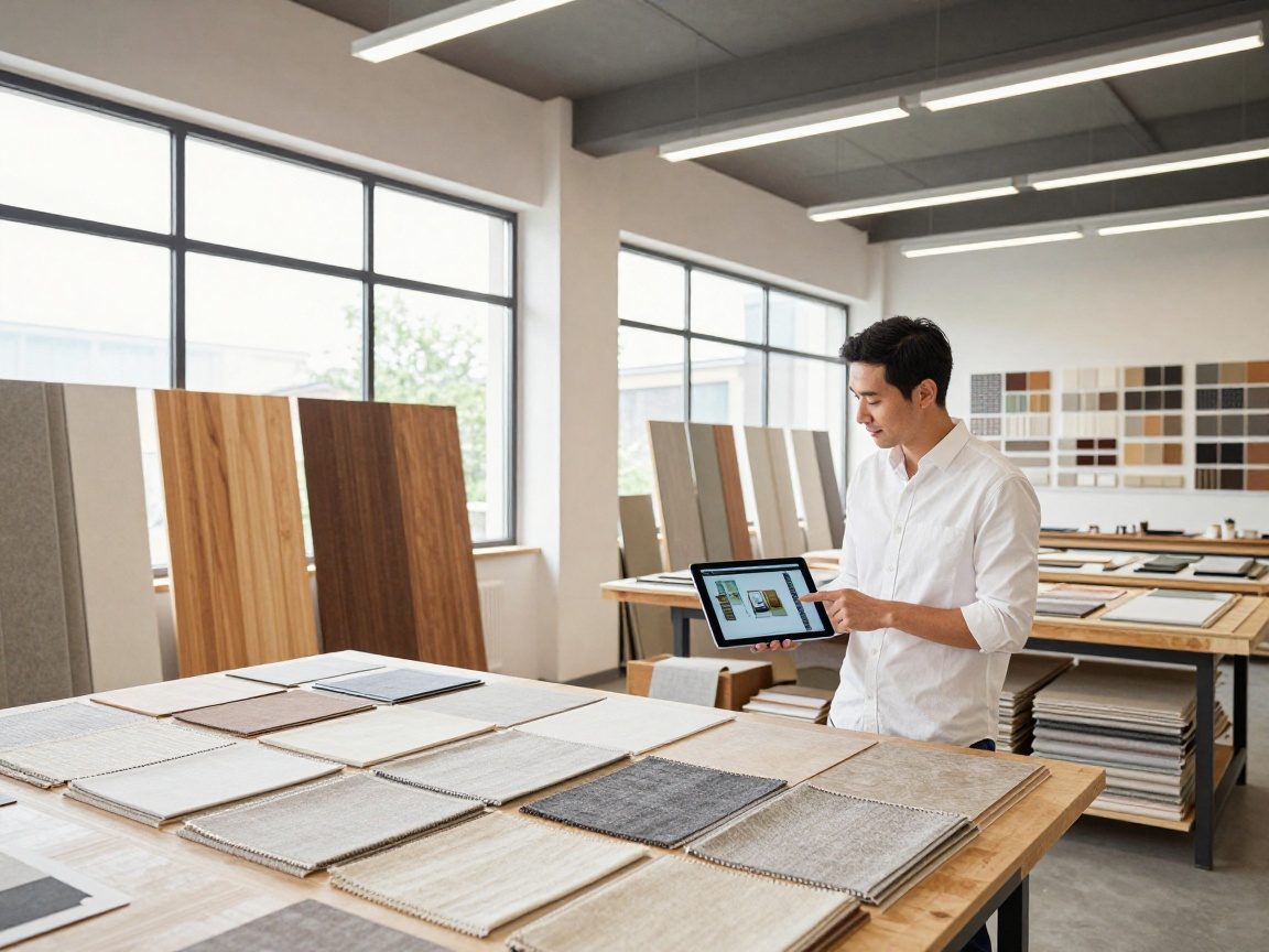 Raumausstatter Ausbildung – Nachhaltige Holz‑Leinenprojekte Innenraum eines modernen deutschen Werkstattzimmers mit natürlichem Licht, Holzpaneelen, Leinenproben und nachhaltigen Materialien; ein Raumausstatter in weißer Kleidung zeigt auf Tablet