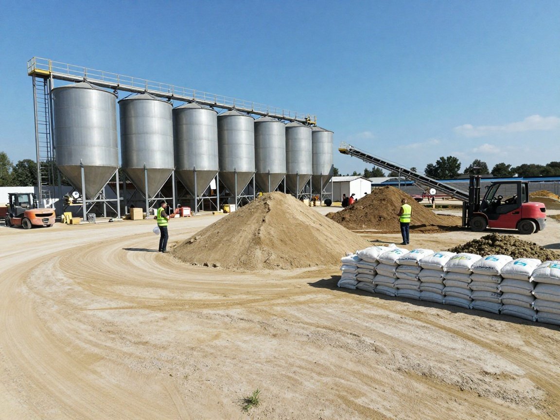 Rohstofflagerung Ziegelei – Feuchtigkeits- und CO₂‑Reduktion Großes, gut organisiertes Tonlager mit überdachten Silos, gestapelten Sand-, Lehmbagsen und Maschinen wie Gabelstaplern unter klarem Himmel