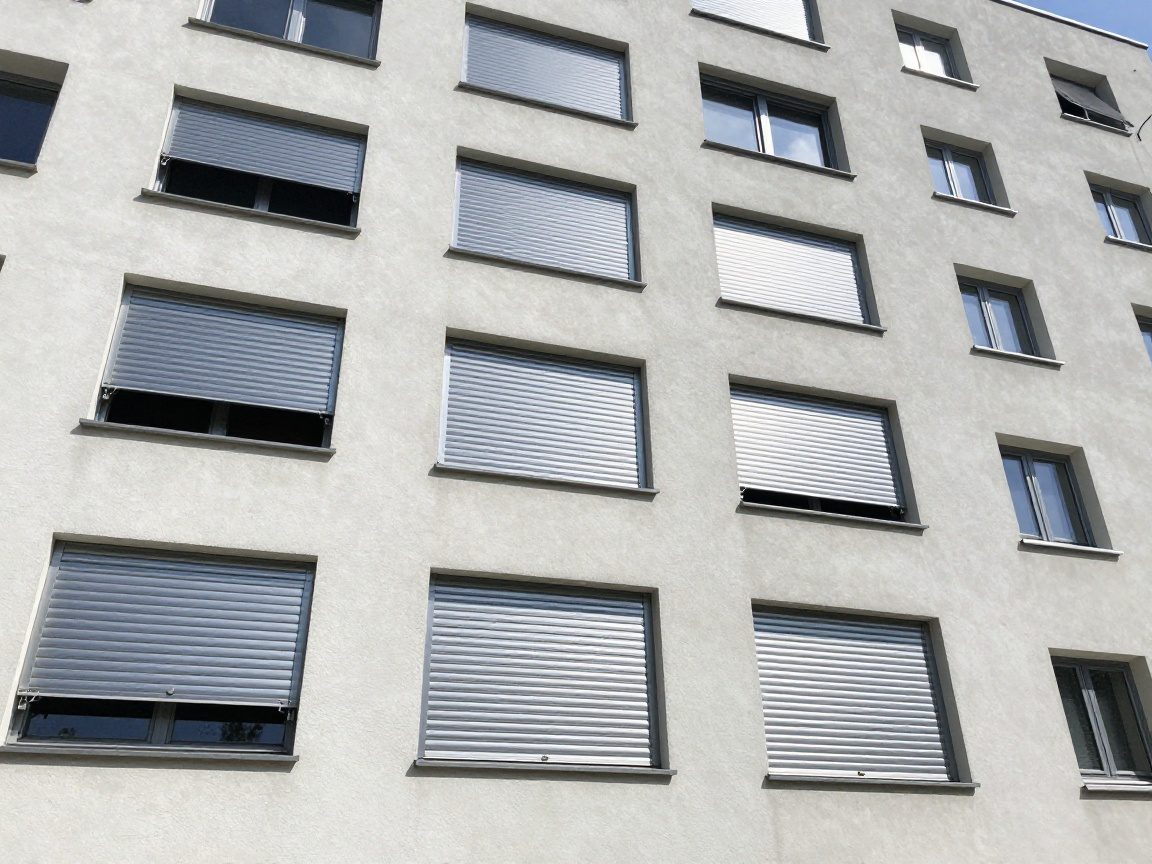 Moderne Rolladenfassade – Checkliste für Material & Antrieb Mehrere Aluminium-Rolläden an einer deutschen Wohngebäude-Fassade teilweise geöffnet und geschlossen, Licht- und Schattenkontrast