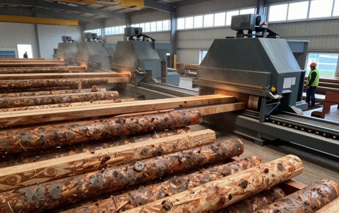 Weitwinkelaufnahme eines modernen deutschen Sägewerks: Reihen von Holzstämmen auf Förderbändern, industrielle Sägen schneiden das Holz, Arbeiter mit Helmen und Warnwesten arbeiten unter Tageslicht