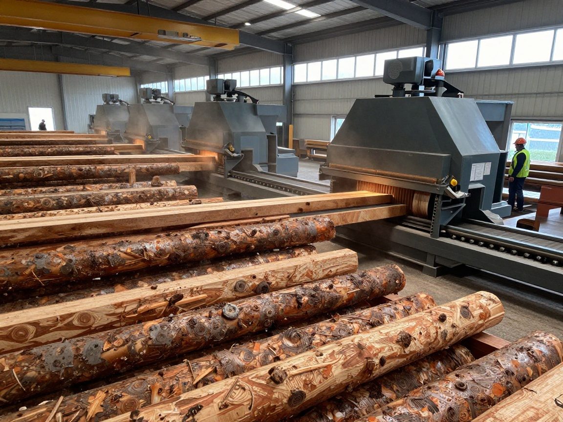 Weitwinkelaufnahme eines modernen deutschen Sägewerks: Reihen von Holzstämmen auf Förderbändern, industrielle Sägen schneiden das Holz, Arbeiter mit Helmen und Warnwesten arbeiten unter Tageslicht