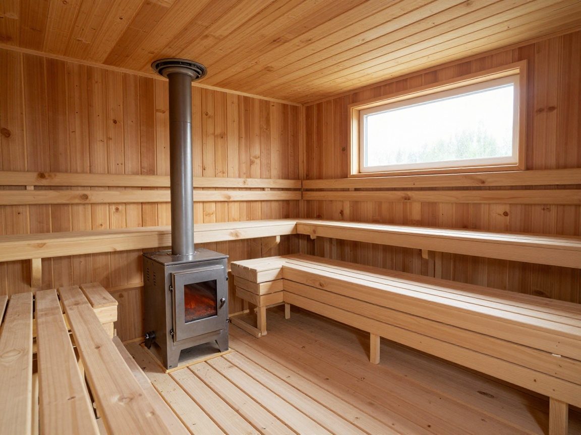 Saunabau: Materialauswahl – Profi‑Tipps für effiziente Sauna Moderne deutsche Sauna im Bau mit offenen Kieferninnen, Stahl-Elektroherd und Abachi-Bänken, natürlichem Licht durch Frostglas