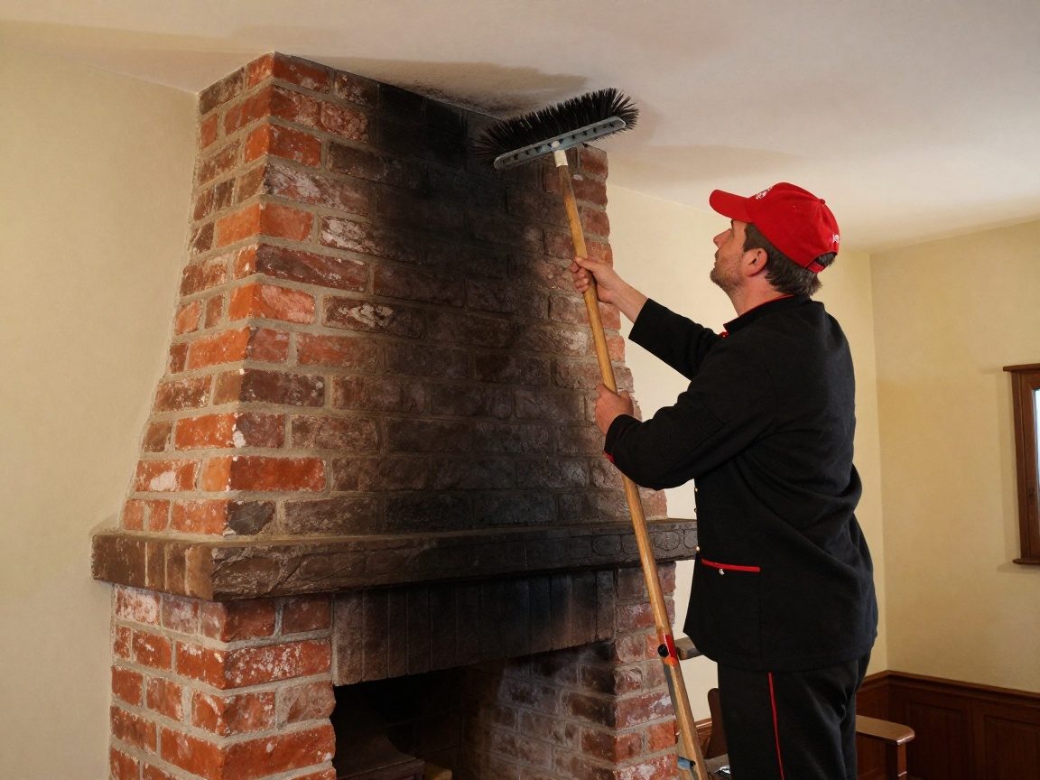 Schornsteinfeger reduziert Ruß um 30 % Deutscher Schornsteinfeger in schwarzem Uniform mit rotem Hut steht auf einer Holzleiter neben einem klassischen Backsteinfeuer, hält einen langen Pinsel und blickt zur Schornsteinhöhe