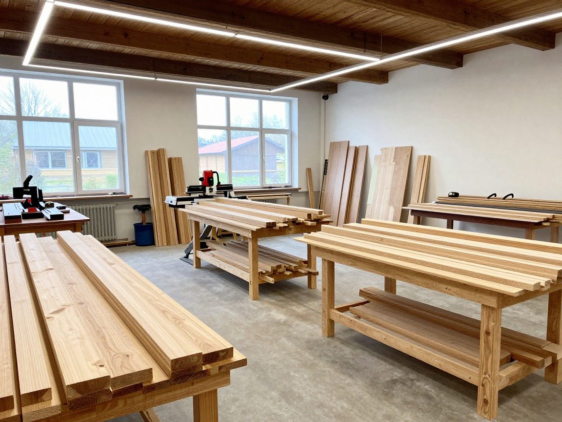 Modernes Schreinerhandwerk – Konstruktionsdetails im Fokus Weitwinkelaufnahme eines modernen deutschen Schreinerwerks, mit Reihen aus Holzplanken, CNC-Router und Handsägen auf Werkbänken, beleuchtet von natürlichem Licht