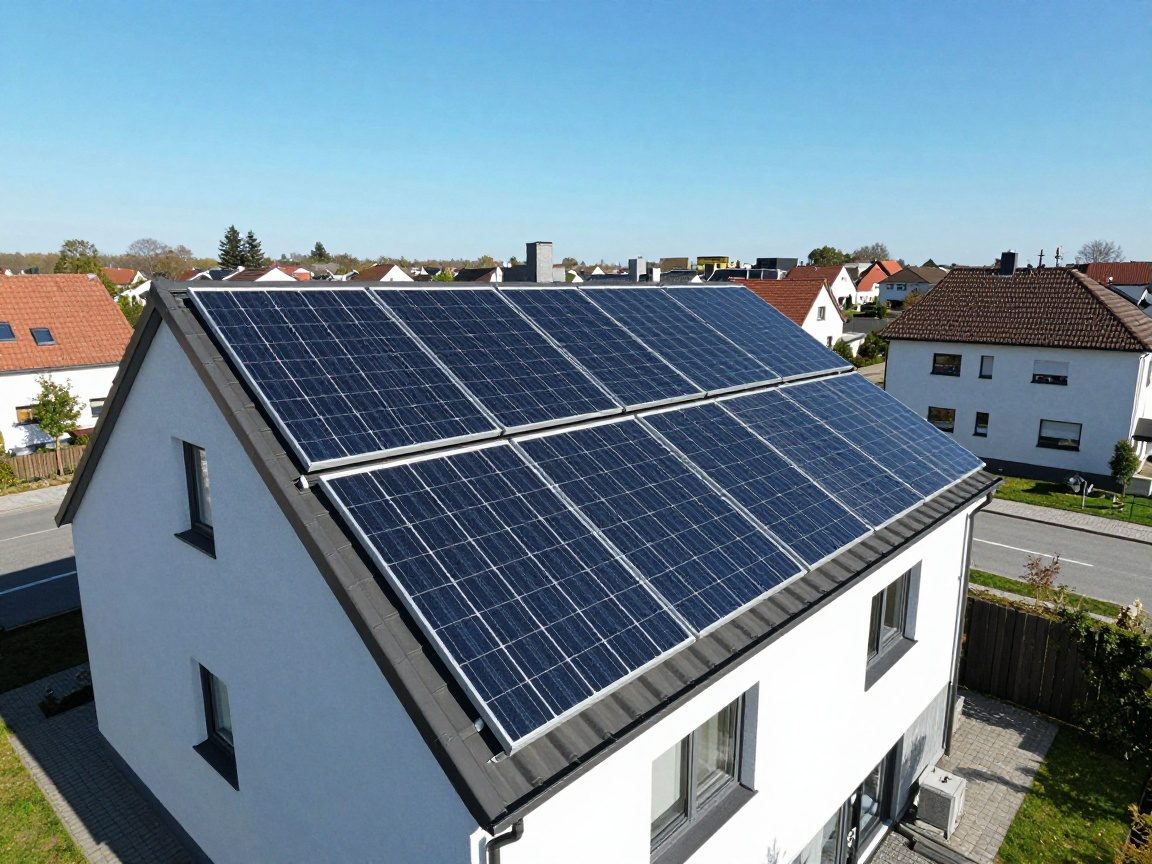 Moderne Solaranlage auf Hausdach – Photorealistisches Bild Hausdach mit monokristallinen Solarpanelen unter klarem Himmel, umgeben von typischen deutschen Wohnhäusern und einer Straße