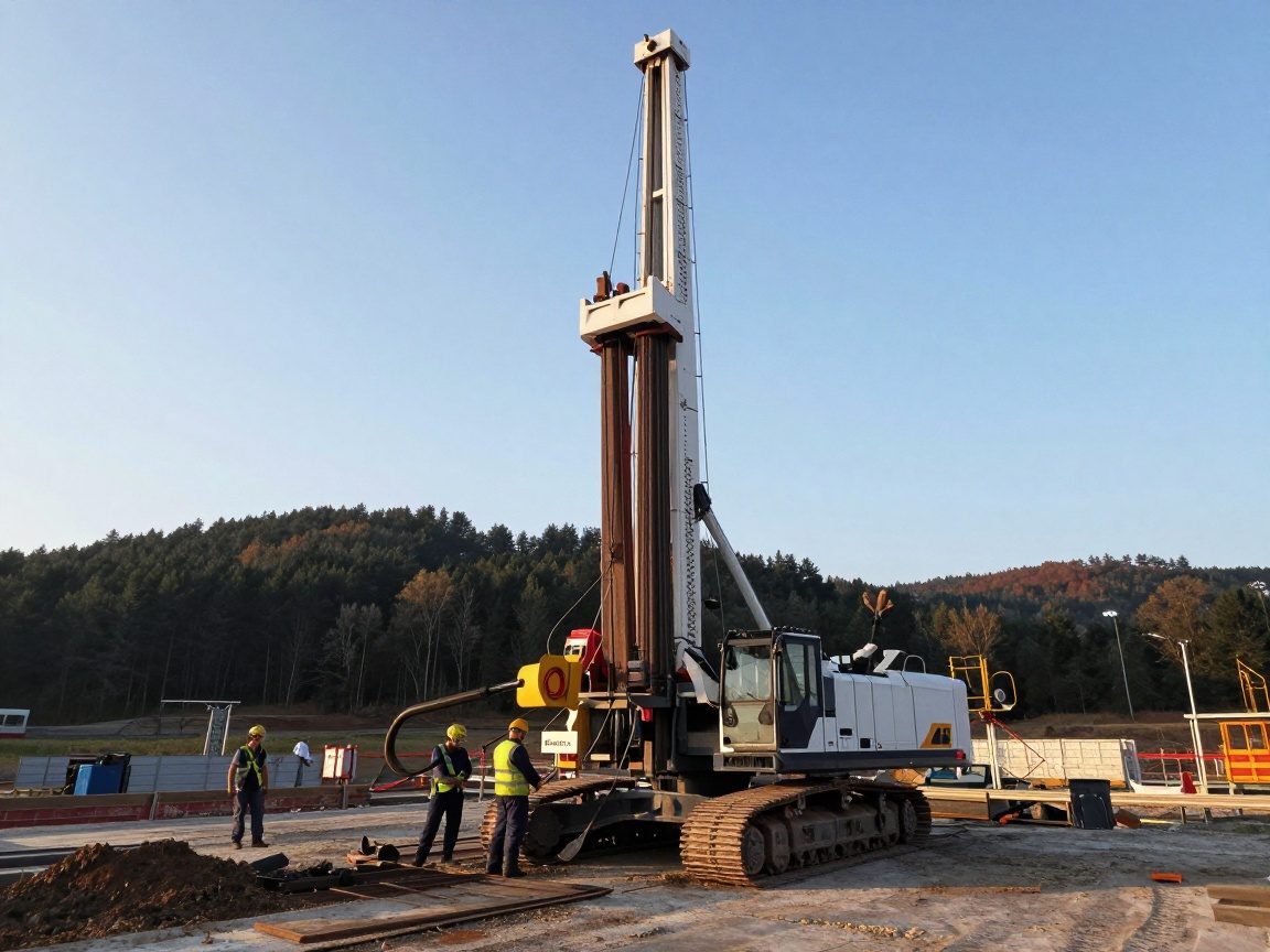 Bohrverfahren auswählen – 3‑5 % Kosten sparen & Effizienz bis 30 m Deutsche Bohrcrew steuert ein großes Drehbohrgerät auf einer Baustelle bei Morgendämmerung, umgeben von Waldhügeln
