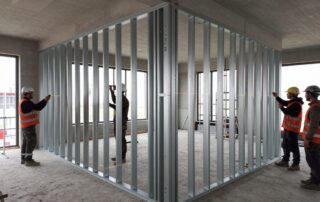 Modernes deutsches Baugelände mit teilweise montiertem Trockenbau-Ständerwerk für eine Vorsatzschale, U- und C-förmige Metallprofile, Schraubenköpfe sichtbar, Arbeiter mit Sicherheitsausrüstung nutzen Laserlevel