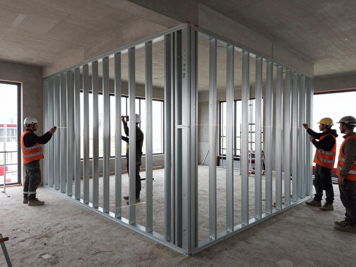 Modernes deutsches Baugelände mit teilweise montiertem Trockenbau-Ständerwerk für eine Vorsatzschale, U- und C-förmige Metallprofile, Schraubenköpfe sichtbar, Arbeiter mit Sicherheitsausrüstung nutzen Laserlevel