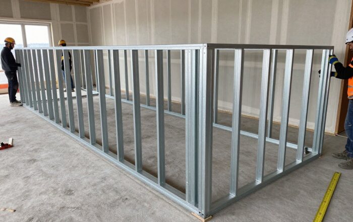 Neues Metallständerwerk für eine Installationswand in Deutschland, Arbeiter mit Helmen und Handschuhen messen an, Baustelle im realistischen Licht