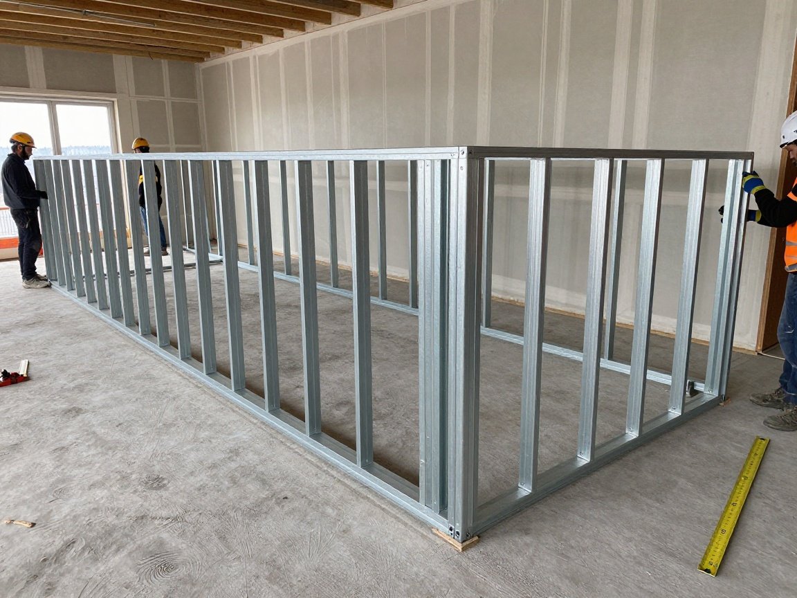 Neues Metallständerwerk für eine Installationswand in Deutschland, Arbeiter mit Helmen und Handschuhen messen an, Baustelle im realistischen Licht