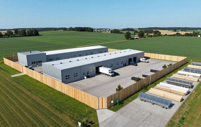 Moderne Industrieanlage mit neu errichtetem Holzzaun um ein Werkstattgebäude, grüner Landschaft und blauem Himmel