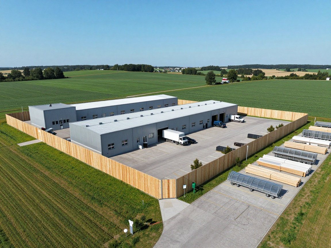 Moderne Industrieanlage mit neu errichtetem Holzzaun um ein Werkstattgebäude, grüner Landschaft und blauem Himmel