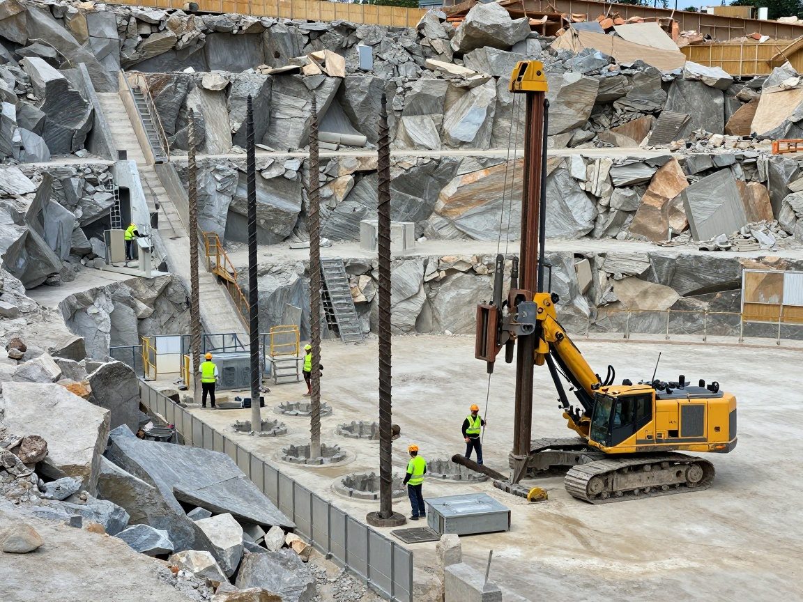 Sprenglochreinigung im Steinbruch – 20 % mehr Sicherheit Breite Ansicht eines deutschen Steinbruchs bei Tageslicht mit mehreren Bohrlöchern, Arbeitern in Hoch- und Sichtschutzwesten, einem Bohrgerät und einer Sicherheitsbarriere