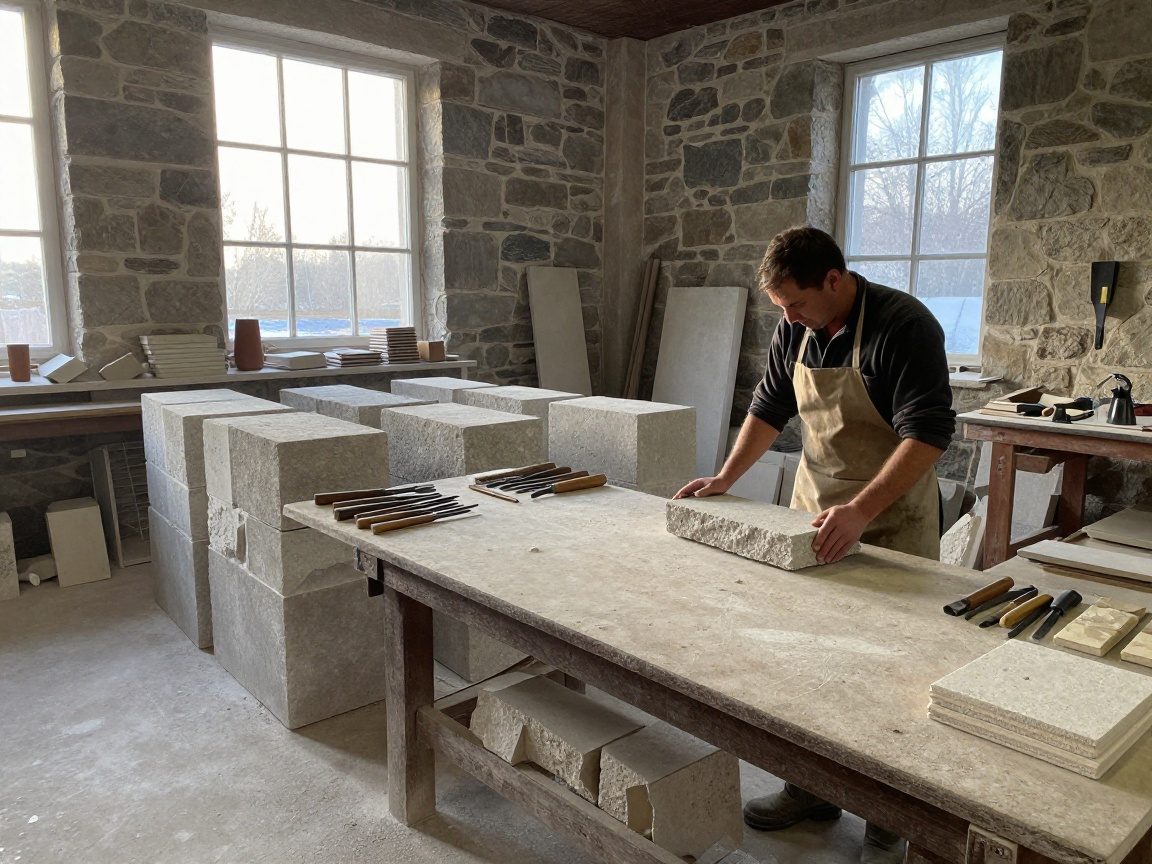Steinmetz-Checkliste: 30‑Minuten Kundenberatung Traditioneller Steinmetzbetrieb bei Morgendämmerung – natürliche Lichtstrahlen durch hohe Fenster, Steinblöcke, Meißel und Werkbank im Fokus