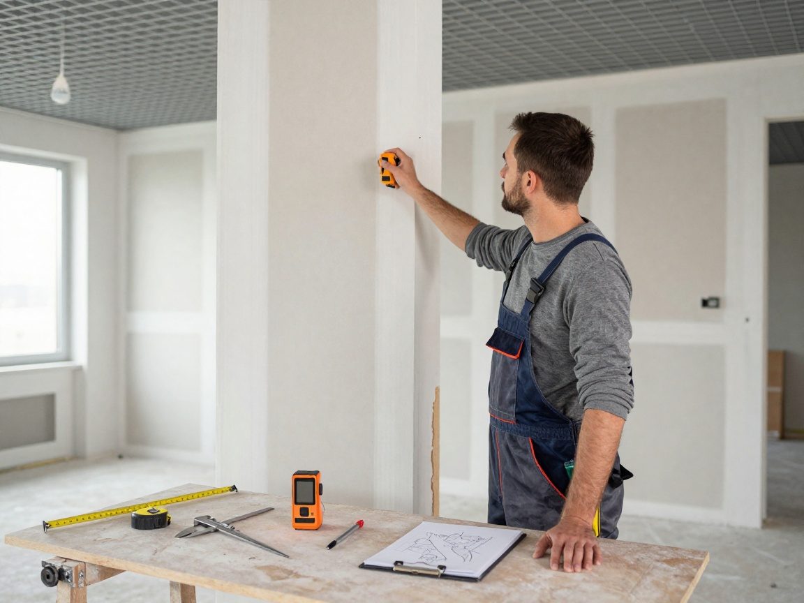 Stukkateur misst Wand mit Laser – Materialbedarf schnell kalkulieren Deutscher Stukkateur steht auf Baustelle und misst eine Wand mit einem Lasermessgerät, während Werkzeuge wie Maßband, Schieblehre und Notizblock auf dem Tisch liegen.