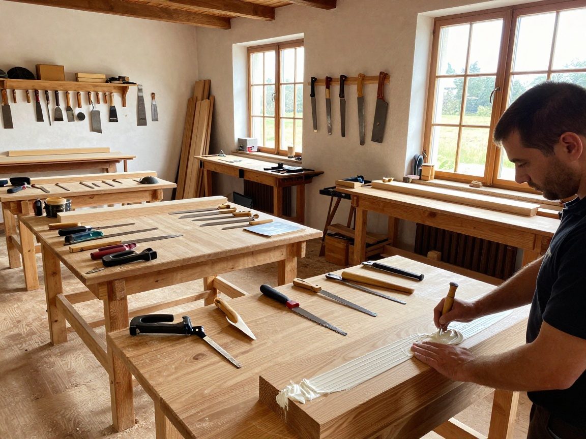 Verleimen von Holzbauteilen – Schnell & Fest mit Leim Tischler legt weißen Leim auf ein Stück Eichenholz in einem traditionellen deutschen Werkstattraum bei Tageslicht