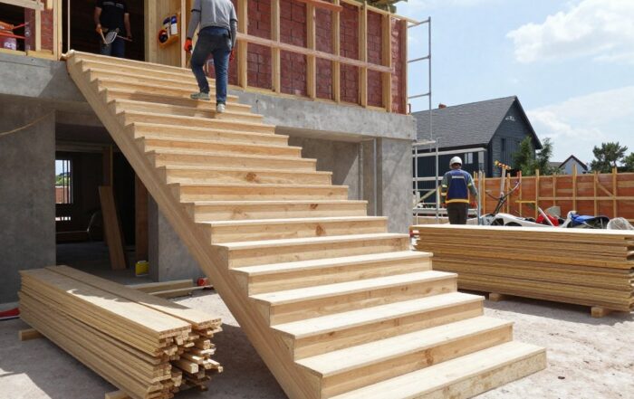 Moderne Holztreppe in Bauphase: Arbeiter mit Helmen nutzen Handwerkzeuge, Holzbretter ordentlich gestapelt neben Gerüst