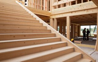 Weitwinkelaufnahme einer modernen Holztreppe auf einem deutschen Baustellenplatz mit Holzbalken, Stahlbrackets und Arbeitern in Helmen unter natürlichem Licht