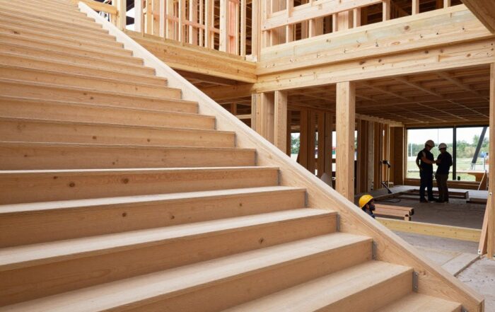 Weitwinkelaufnahme einer modernen Holztreppe auf einem deutschen Baustellenplatz mit Holzbalken, Stahlbrackets und Arbeitern in Helmen unter natürlichem Licht
