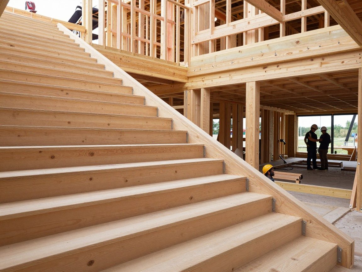 Weitwinkelaufnahme einer modernen Holztreppe auf einem deutschen Baustellenplatz mit Holzbalken, Stahlbrackets und Arbeitern in Helmen unter natürlichem Licht