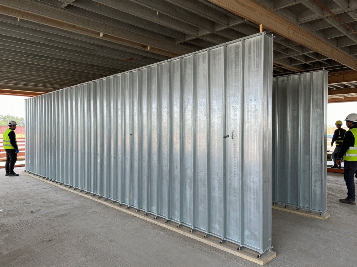 CW und UW Profilmontage Trockenbau – Schnell & Stabil in 3h Modernes Baugelände mit Wand im Aufbau, sichtbare CW- und UW-Metallprofile aus verzinktem Stahl, sauber abstandshalb 62,5 cm, Arbeiter mit Helmen und Warnwesten