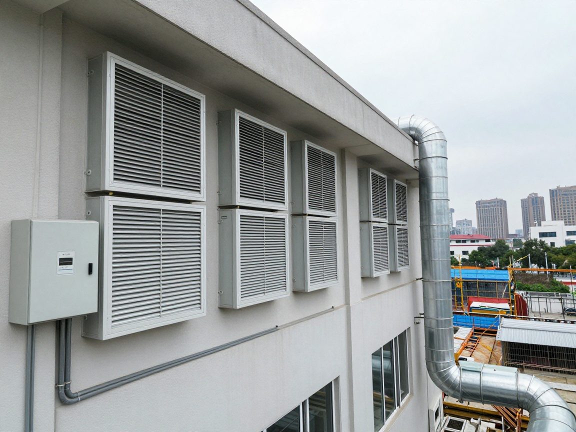 Weitwinkelaufnahme einer fertigen Lüftungseinrichtung an einer Gebäudefassade mit sauber verlegten Gitter, Rohrleitungen und Steuerpult, umgeben von Stadtlandschaft