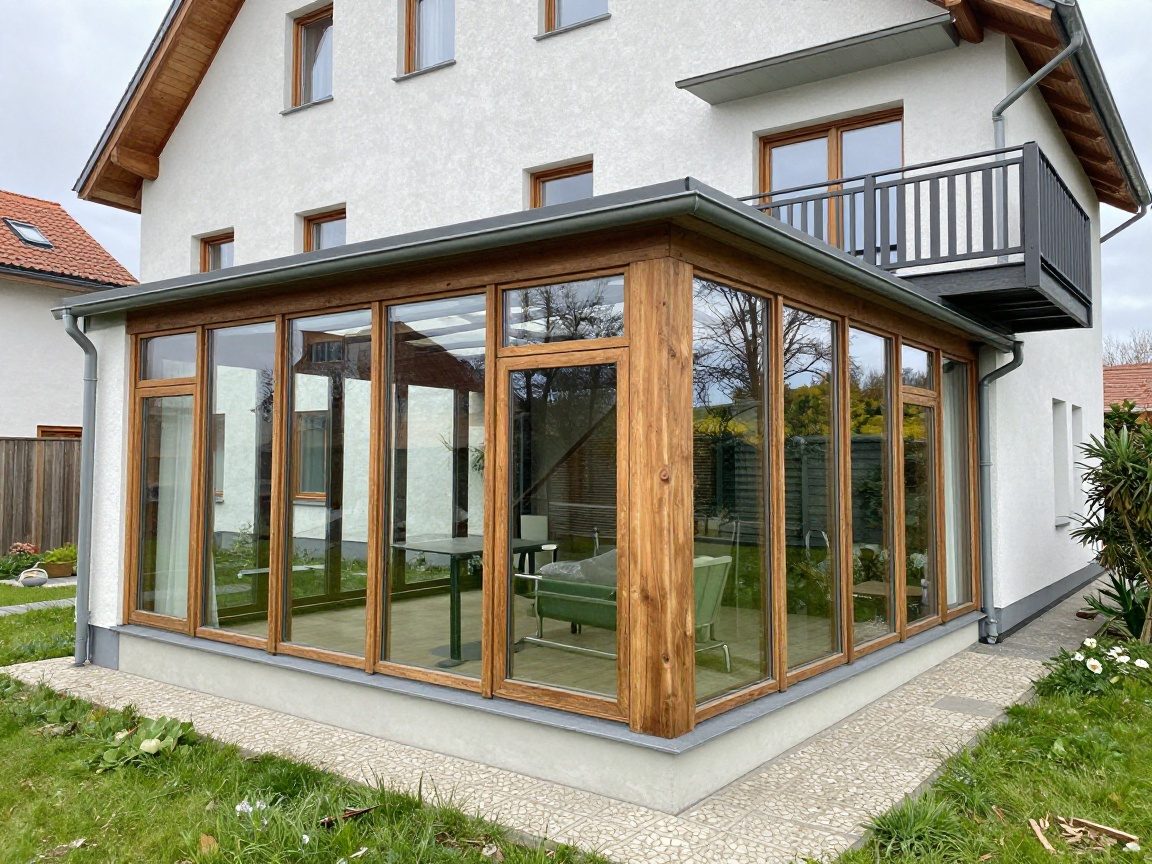Wintergarten im Haus – Modernes Design in 30 Tagen Moderne Wintergärtenfassade mit großen Glaswänden und Holzverkleidung an einem traditionellen deutschen Haus, beleuchtet von Tageslicht