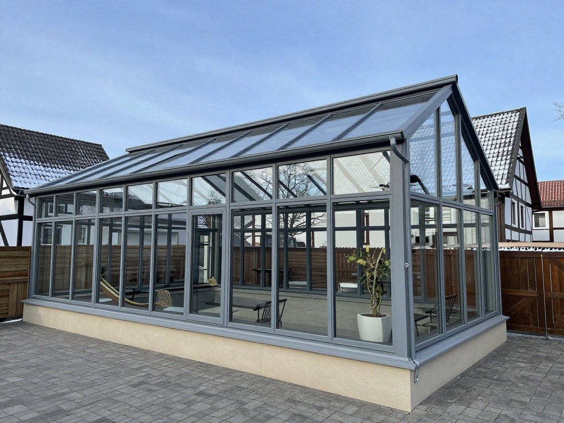 Wintergartenstatik planen – sichere Bauweise Weitwinkelaufnahme eines modernen Wintergartens an einem traditionellen Fachwerkhaus mit großen Glasflächen und robustem Aluminiumrahmen unter klarem Himmel, leicht schneebedecktes Dach