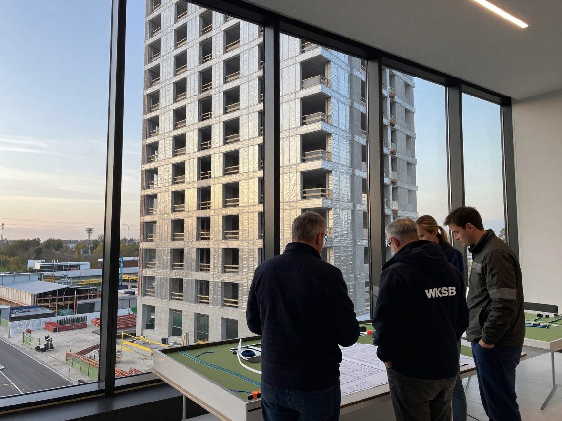 WKSB Planung Beratung – bis 30 % Energiekosten sparen Architekt, WKSB-Berater und Bauunternehmer diskutieren an einem 3D-Modell eines modernen Hochhauses mit sichtbarer Wärmedämmung und feuerfestem Anstrich bei Morgendämmerung
