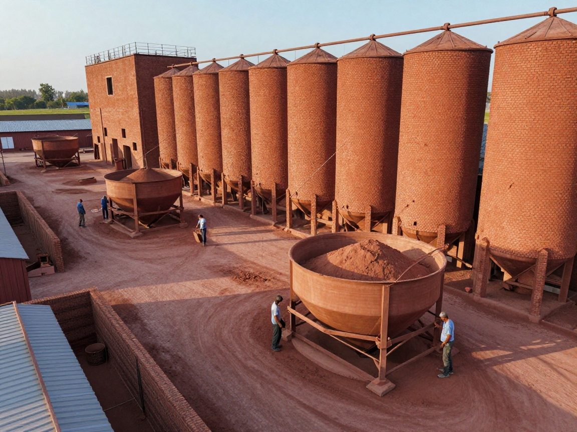 Rohstoffprobenahme in der Ziegelei – Brenntemperatur-Tipps Traditionelle deutsche Ziegelhütte mit Schalen aus Ton und Arbeitern, die Rohmaterialien in einen großen Mischbehälter laden