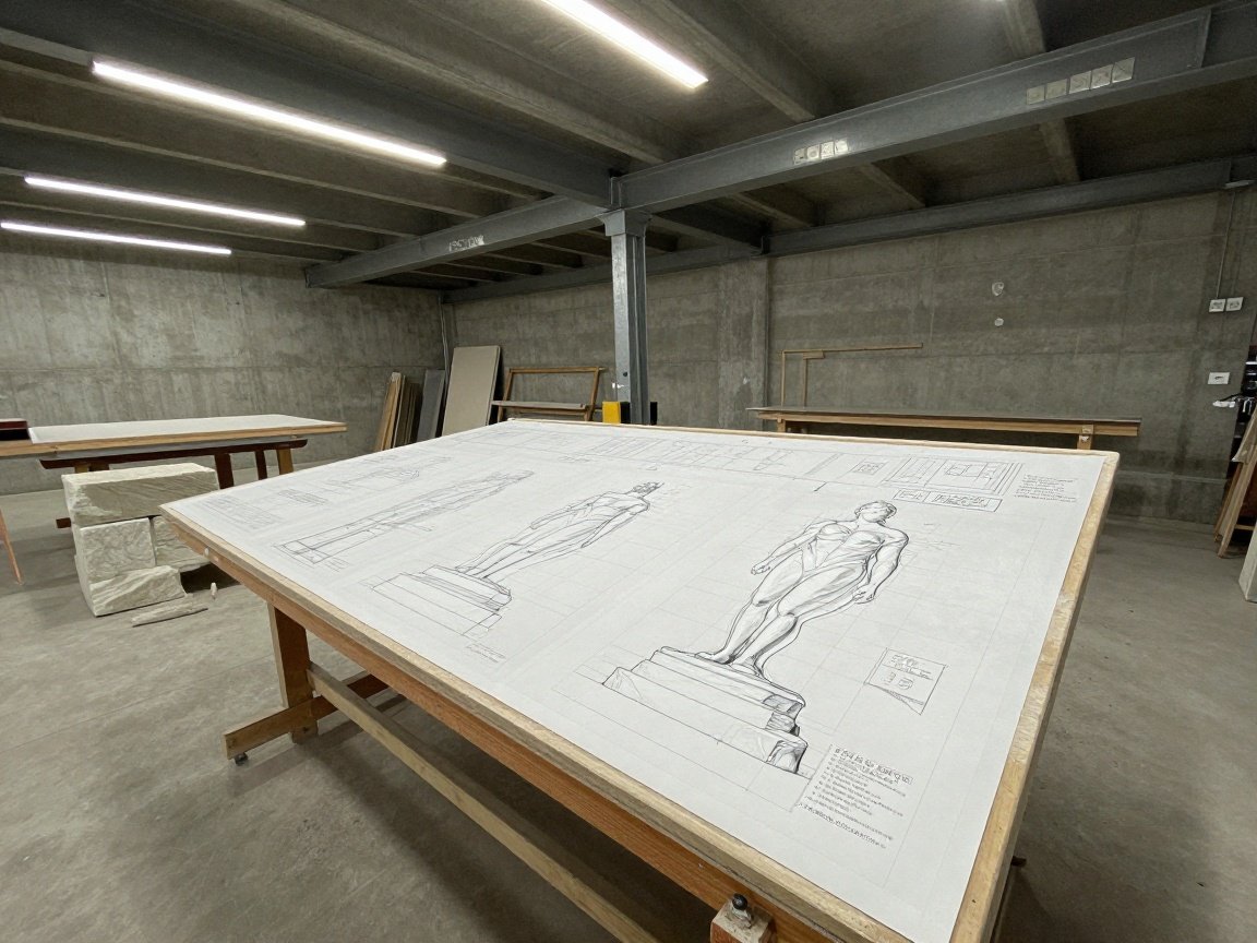 Arbeitszeichnung Bildhauer – 10‑Schritte-Anleitung Skulpturen Scharfes Foto eines Bildhauers im Werkstattbereich mit großen Arbeitsplatten, detaillierten Skizzen und CAD-Zeichnungen einer Marmorskulptur