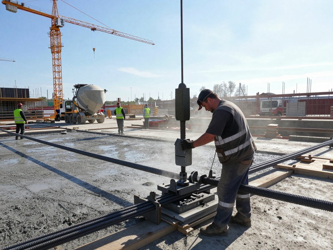 Biege‑ und Montageplan erstellen – 15 Minuten, 20 % Material sparen Baustahlbearbeiter nutzt Hydraulikpressen zum Biegen von Stahldrähten auf einer deutschen Baustelle bei Tageslicht