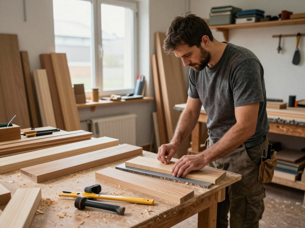 Holzauswahl im Bautischlergewerbe – Lärche 25 % mehr Bautischler inspiziert Holzproben aus Lärche, Eiche, Buche, Fichte und Kiefer in einem Werkstattinterieur mit Sägemehl und Werkzeugen