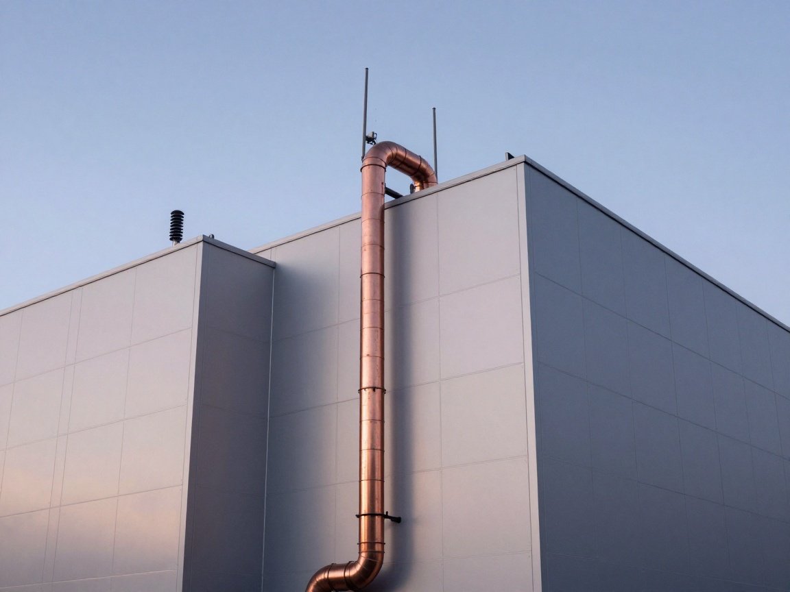 Blitzschutzkomponenten an einem modernen Industriegebäude Moderne Industrieanlage in der Dämmerung mit sichtbaren Kupfer-Ableitern und Blitzschutzspitzen am Dachrand.