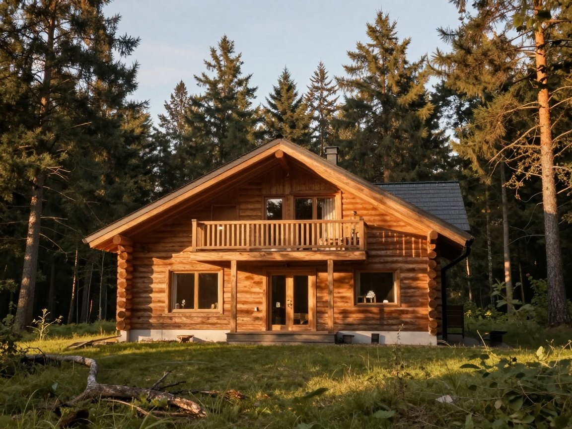 Modernes Blockhaus in einer Waldlichtung bei Sonnenuntergang Ein modernes Massivholz-Blockhaus in einer deutschen Waldlichtung während der goldenen Stunde.
