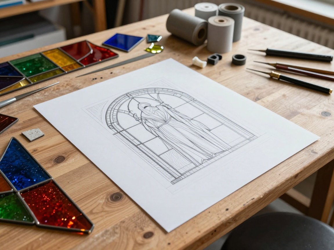 Vorlagenerstellung in der Bleiglaserei Maßstab 1:1 Eine 1:1 Papiervorlage auf einer Werkbank in einer Bleiglaserei, umgeben von farbigem Glas und Werkzeugen.