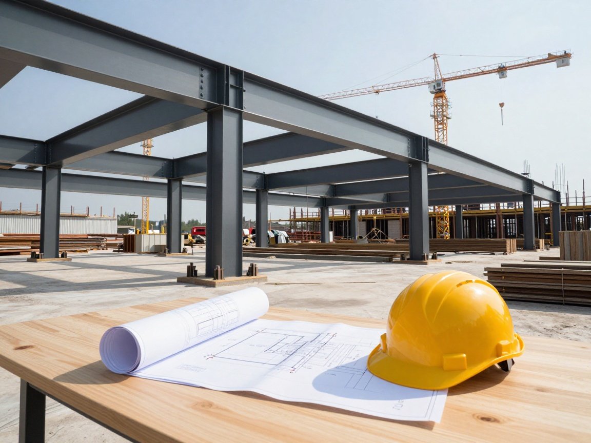 Montageplanung in der Eisenbearbeitung Bauplan und Schutzhelm auf einem Holztisch vor einer modernen Stahlbaustelle mit Kränen.