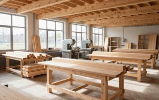 Moderne Holzrahmenbau-Werkstatt mit Fichtenbalken und professionellen Maschinen bei hellem Tageslicht.