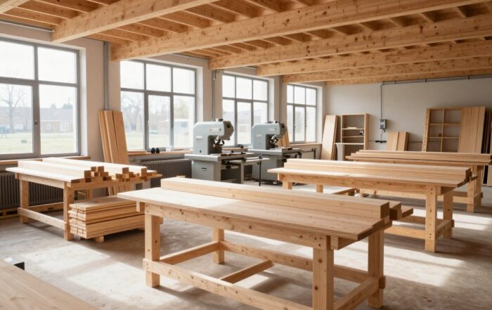 Moderne Holzrahmenbau-Werkstatt mit Fichtenbalken und professionellen Maschinen bei hellem Tageslicht.