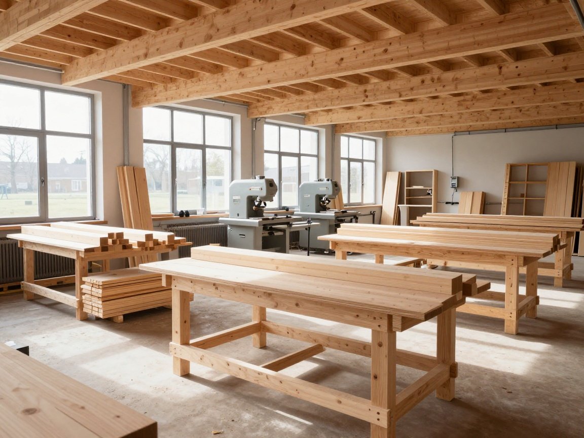 Moderne Holzrahmenbau-Werkstatt mit Fichtenbalken und professionellen Maschinen bei hellem Tageslicht.